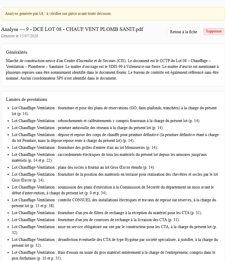 Analyse IA d'un CCTP de lot chauffage-ventilation-plomberie : limites de prestations extraites automatiquement du dossier