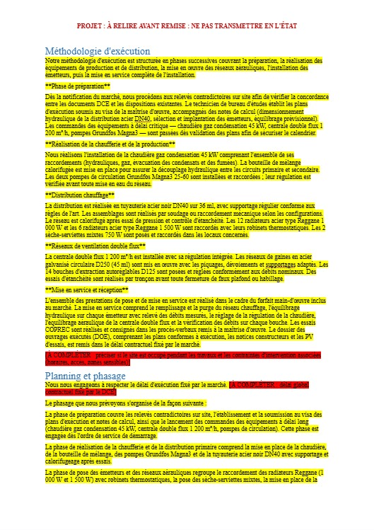 Mémoire technique généré par IA pour un dossier CVC : passages rédigés surlignés et mentions à compléter signalées